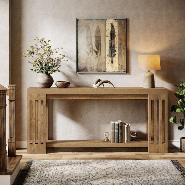 Console Table Light Brown Wood Slatted Leg Panels Extra Long Farmhouse