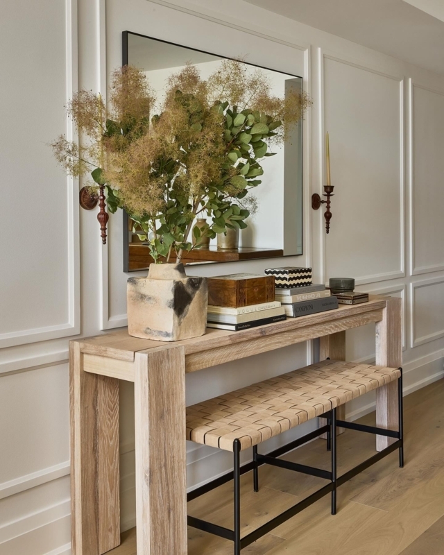 Console Table Light Oak Block Legs Woven Leather Bench Organic Style