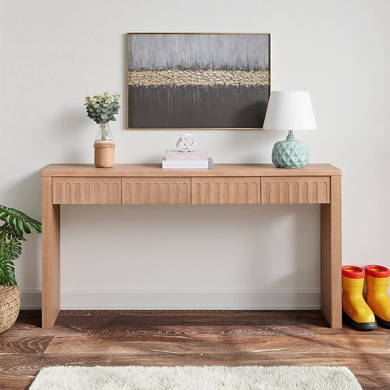 Console Table Light Wood Fluted Fronts Four Drawers Minimalist