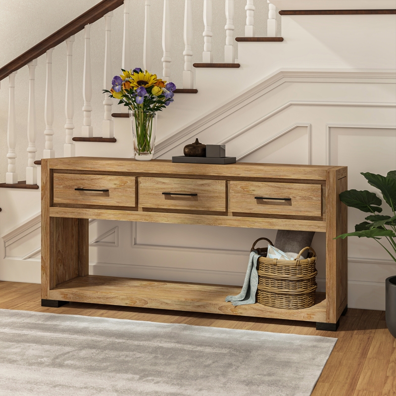 Console Table Light Wood Three Drawers Modern Farmhouse Entryway Styling