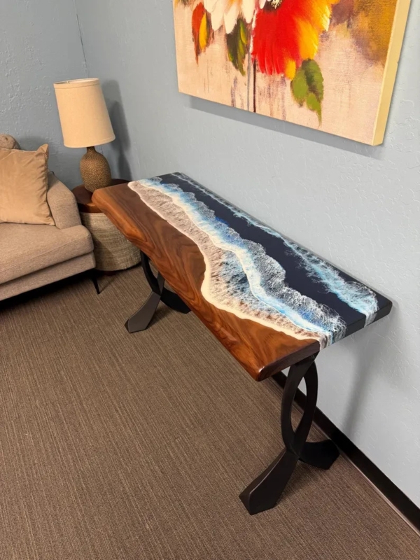 Console Table Live Edge Wood Epoxy Ocean Design Sculptural Legs