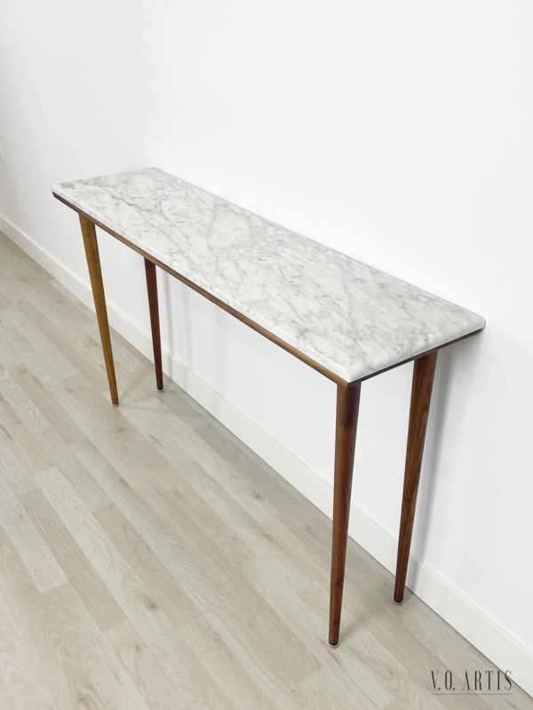 Console Table Marble Top Walnut Base Narrow Profile Mid-Century Entry
