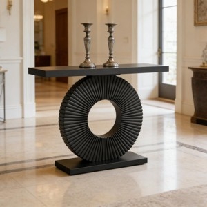 Console Table Matte Black Ribbed Circular Base Narrow Hallway