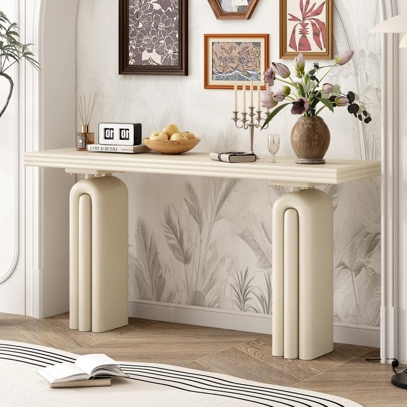 Console Table Matte Cream Arched Pedestal Base Tiered Edge Glam