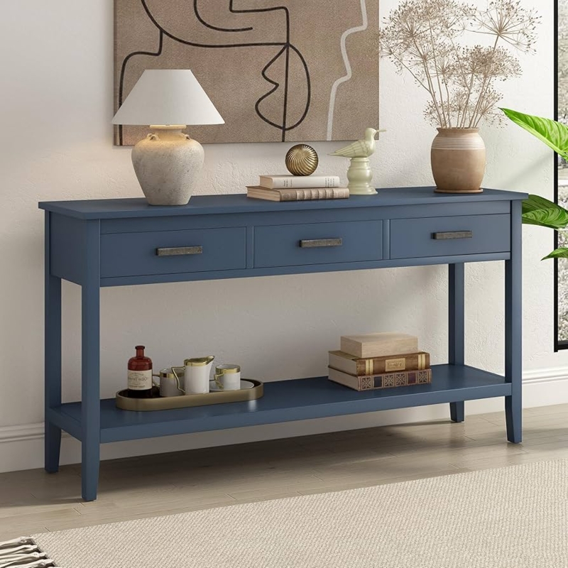 Console Table Matte Navy Blue Three Drawers Slim Metal Pulls