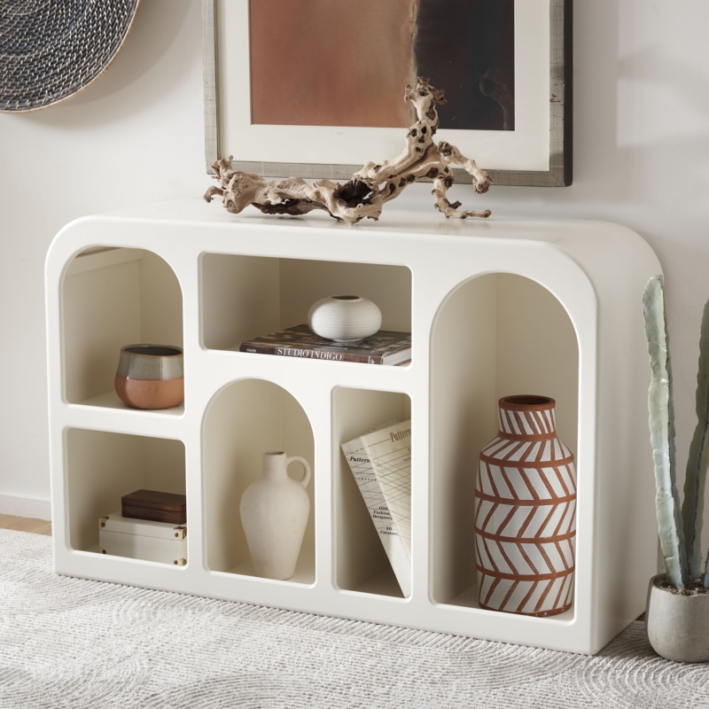 Console Table Matte White Arched Cubbies Sculptural Silhouette