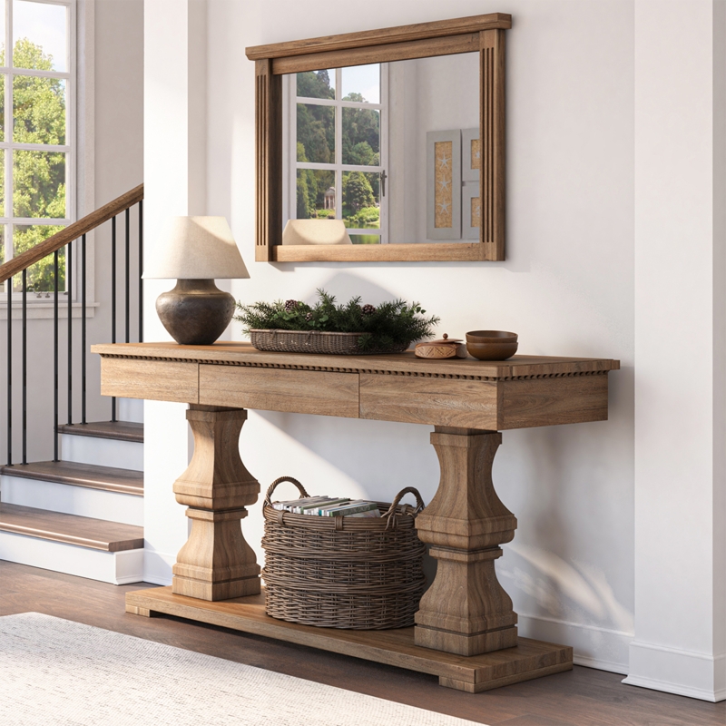 Console Table Medium Wood Chunky Pedestal Legs Rustic Farmhouse Hallway