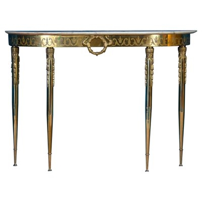 Console Table, Mid-Century Italian Oval Brass Frame & Marble Top