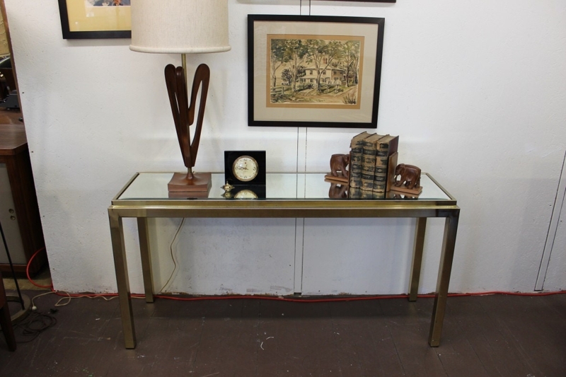 Console Table, Mid-Century Modern Brass Frame & Mirrored Top, Open Base