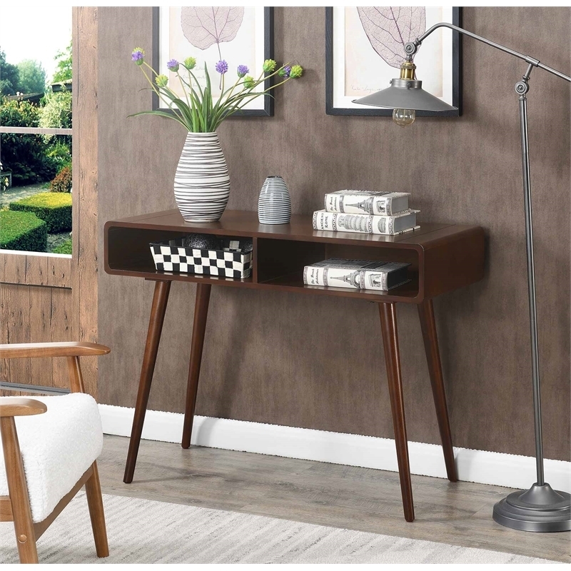 Console Table Mid Century Splayed Legs Rounded Corners Open Storage