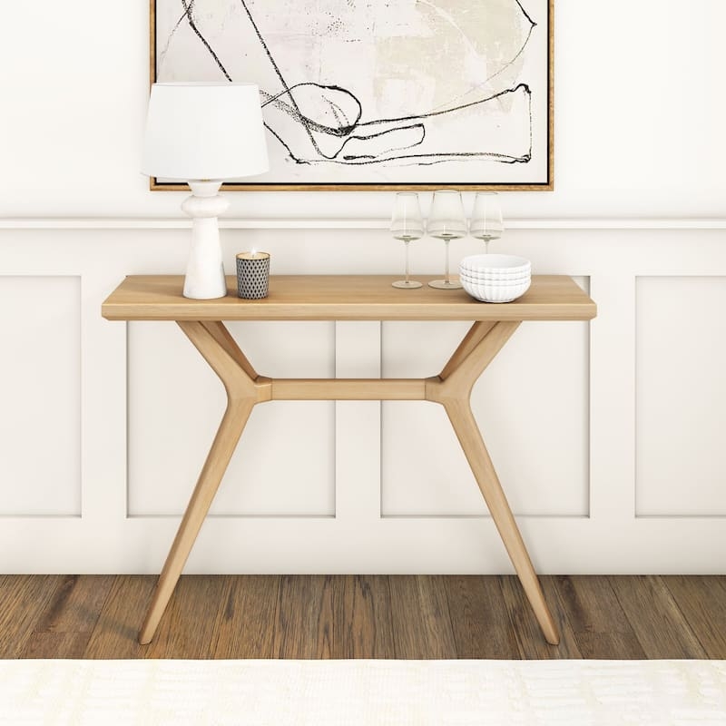 Console Table Mid Century Splayed Legs White Sand Trestle Base Hallway