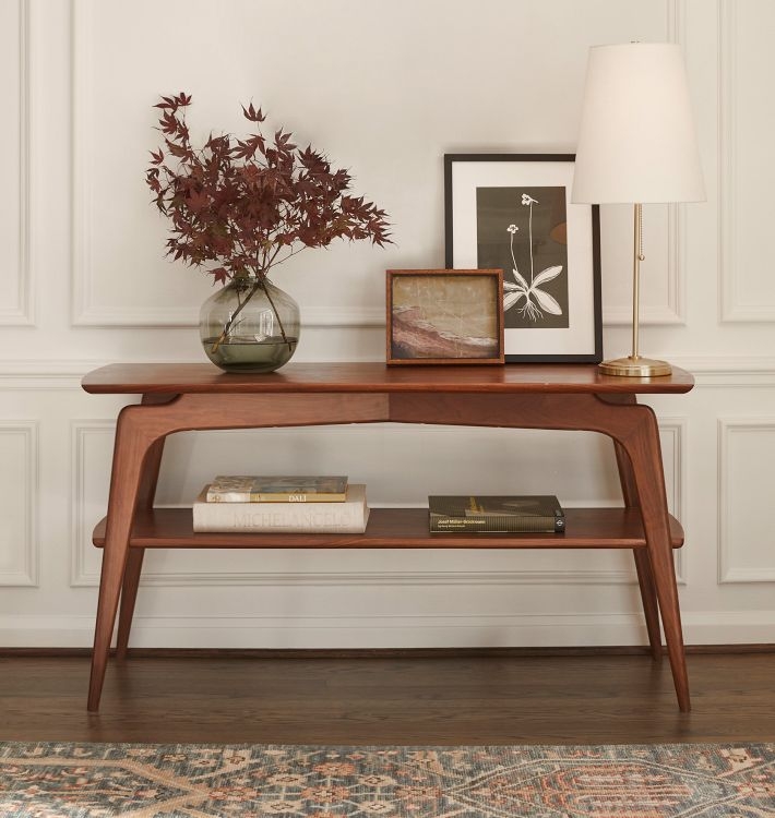 Console Table Mid Century Walnut Tapered Legs Curved Apron Shelf