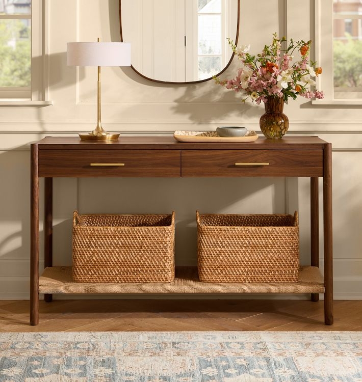 Console Table Mid Century Wood Woven Lower Shelf Tapered Legs