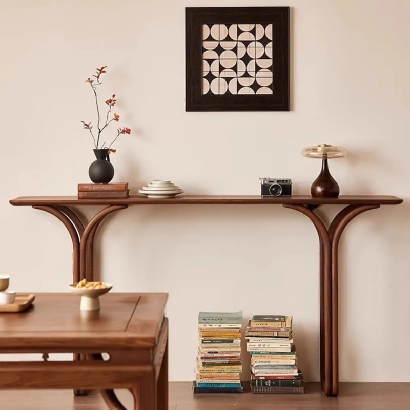 Console Table Minimalist Warm Brown Curved Legs Trestle Base Organic