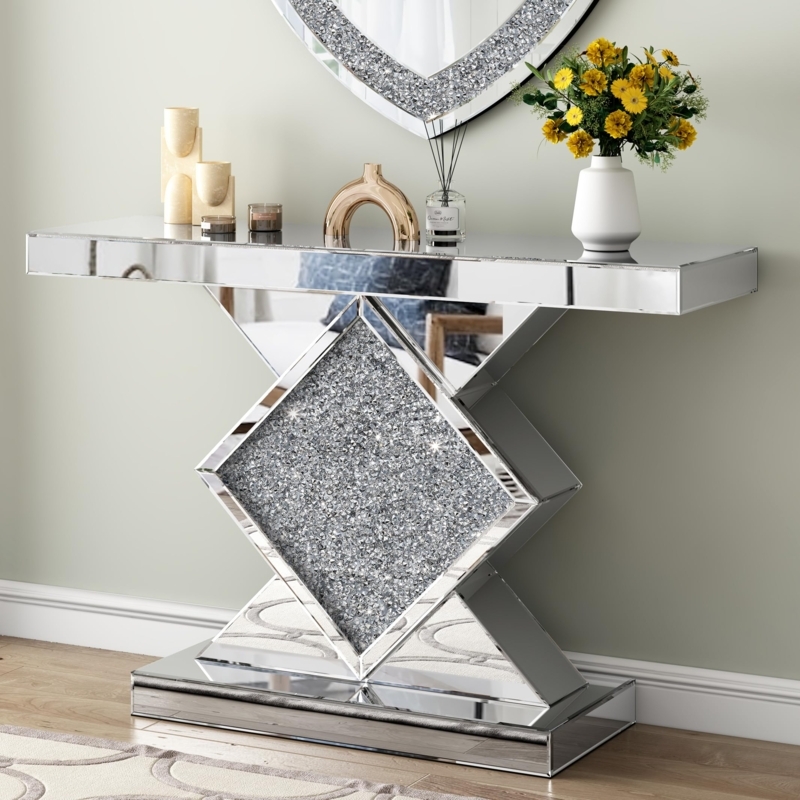 Console Table Mirrored Diamond Base Glittery Inlay Entryway Decor