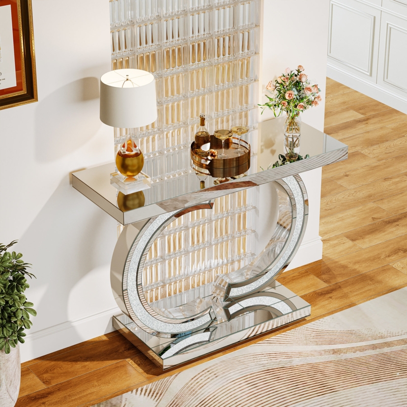 Console Table Mirrored Double Circle Base Crushed Glass Inlay Glam