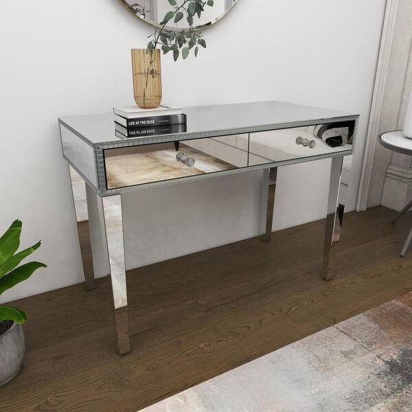 Console Table Mirrored Finish Beaded Trim Two Drawers Glam Decor