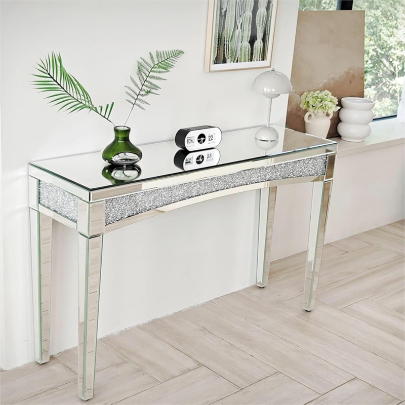 Console Table Mirrored Finish Crushed Crystal Inlay Tapered Legs Glam