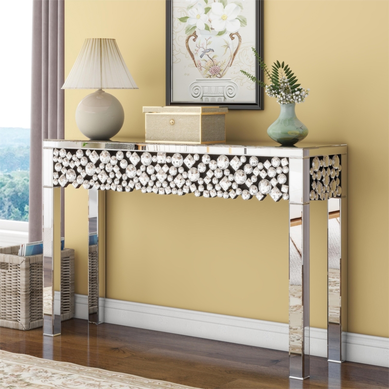 Console Table Mirrored Finish Crystal Apron Silver Glam Foyer