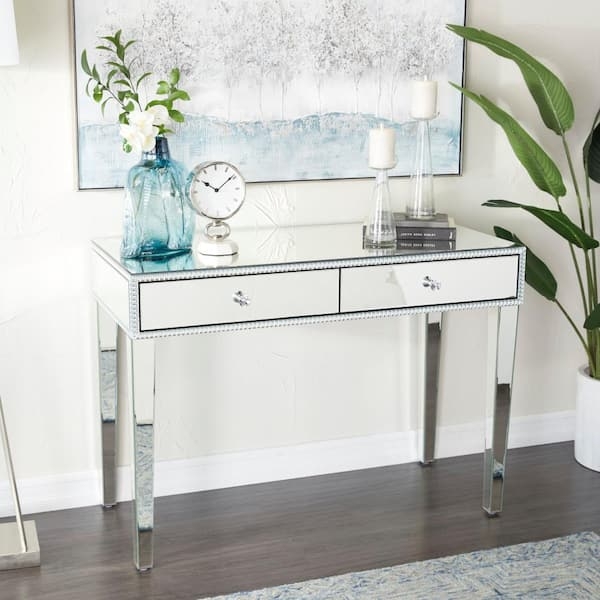 Console Table Mirrored Glass Crystal Knobs Beaded Trim Contemporary