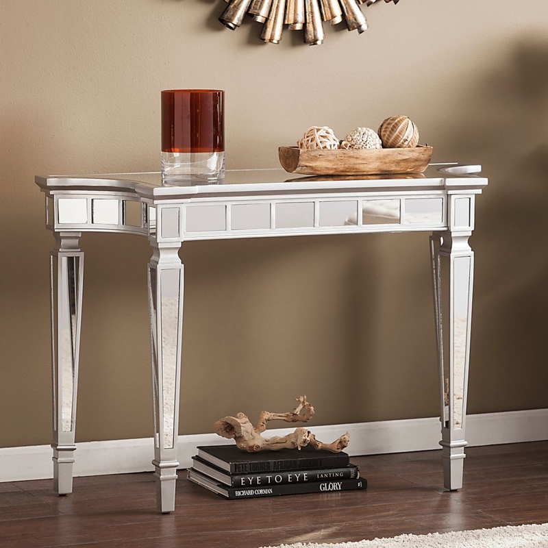 Console Table Mirrored Legs Silver Gray Paneled Apron Glam