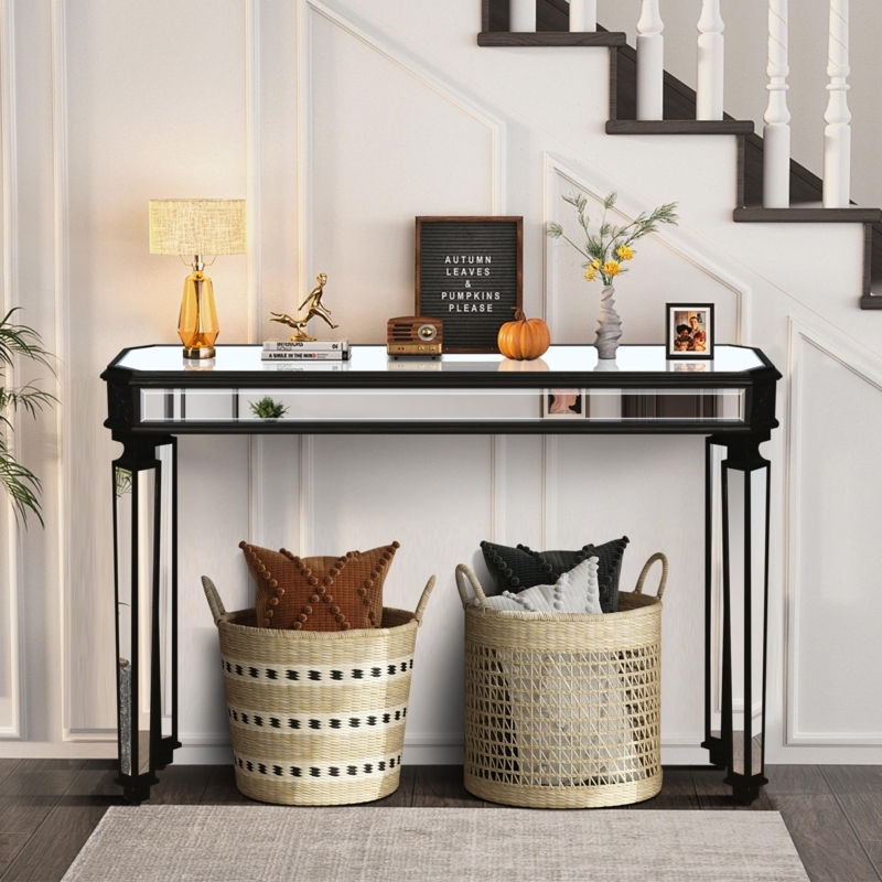 Console Table Mirrored Top Black Carved Edge Frame Entryway Decor
