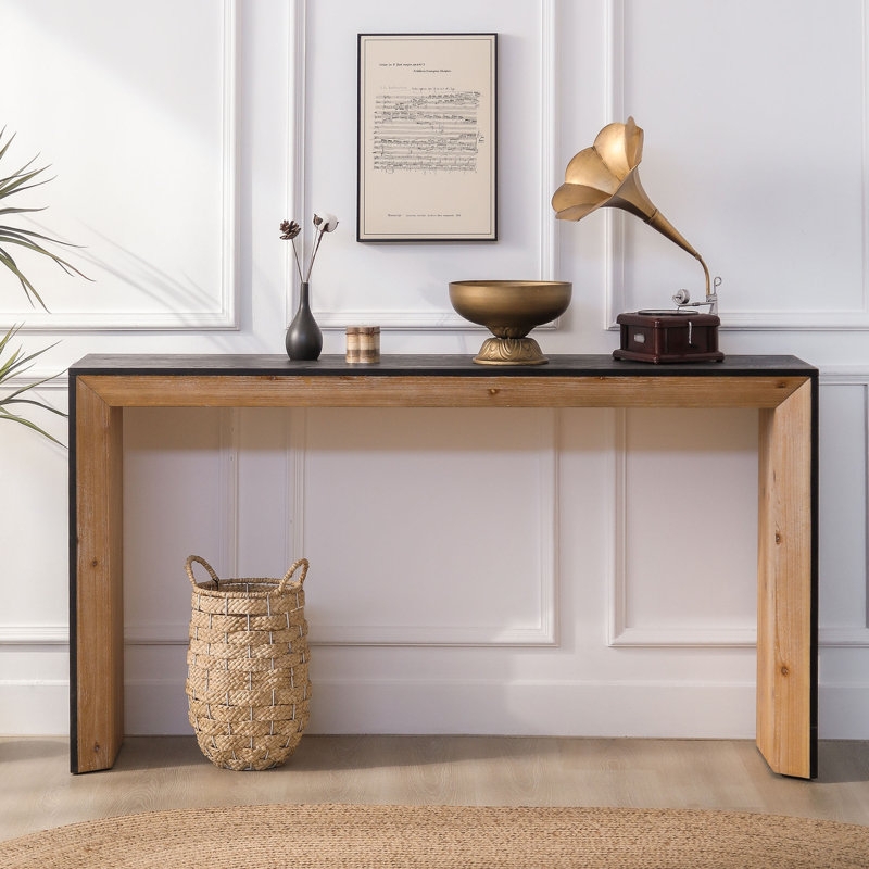 Console Table Mitered Waterfall Edge Two-Tone Black Natural Wood