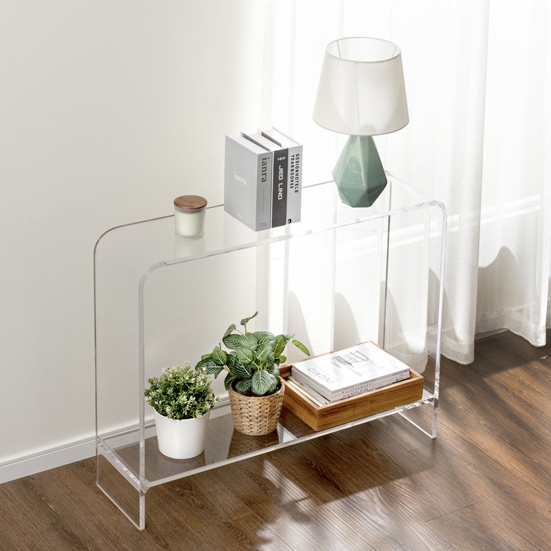 Console Table, Modern Acrylic with Rounded Corners and Shelf.