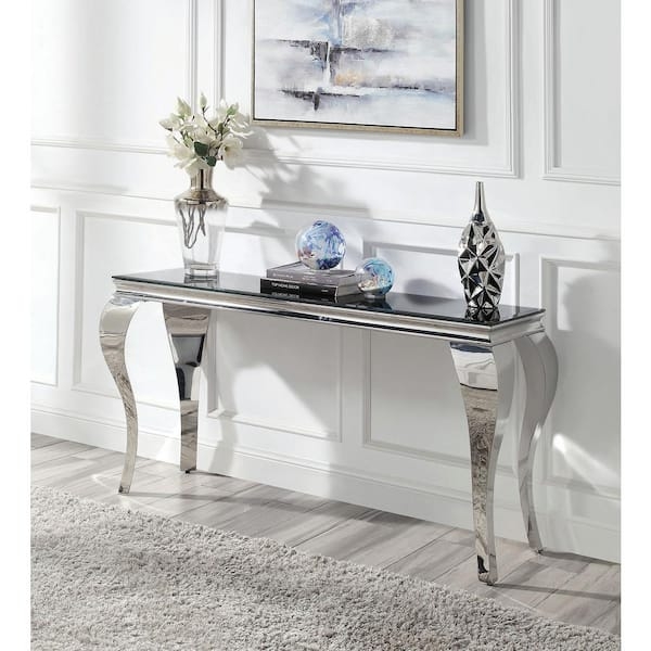 Console Table Modern Black Glass Top Curved Legs Polished Silver Frame