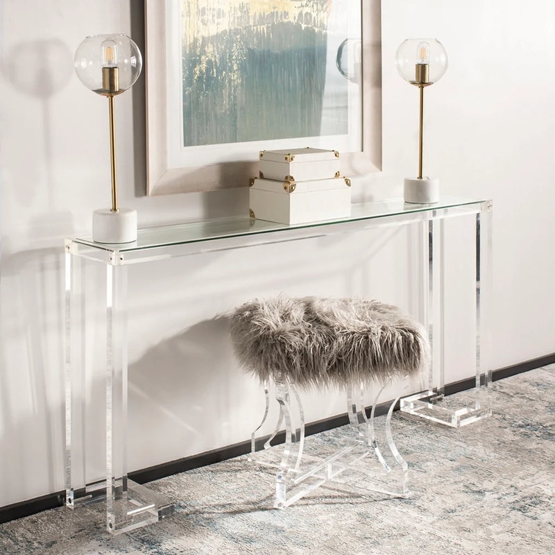 Console Table, Modern Gold Accent Acrylic with Glass Top.