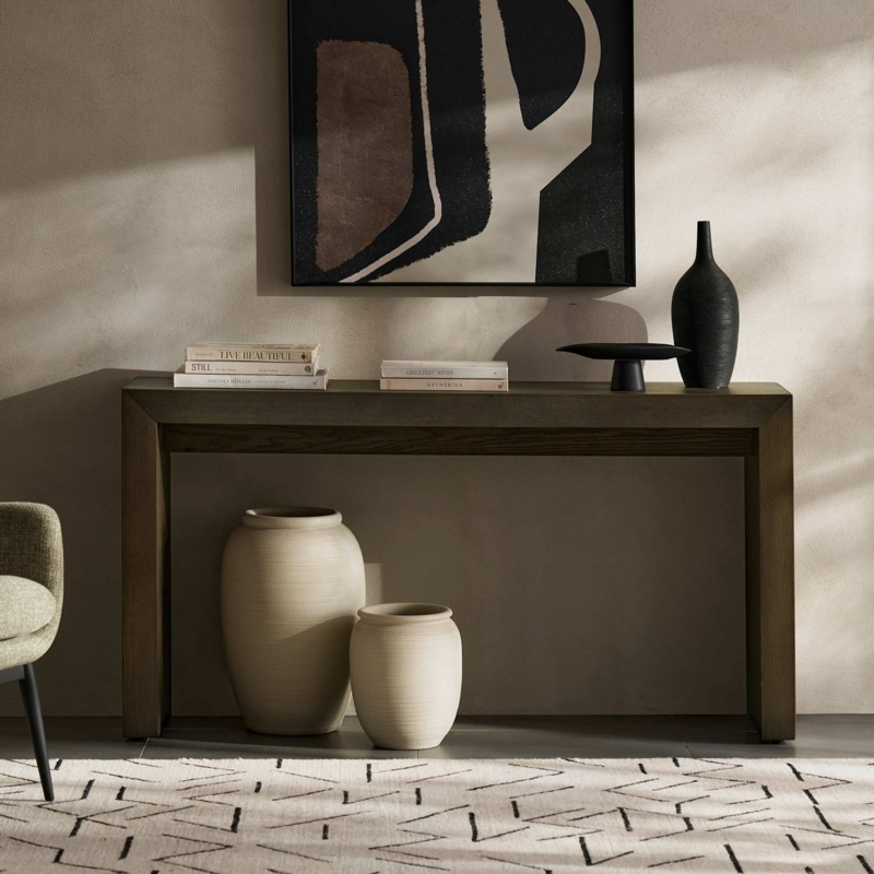 Console Table Modern Minimalist Dark Wood Finish Thick Mitered Frame