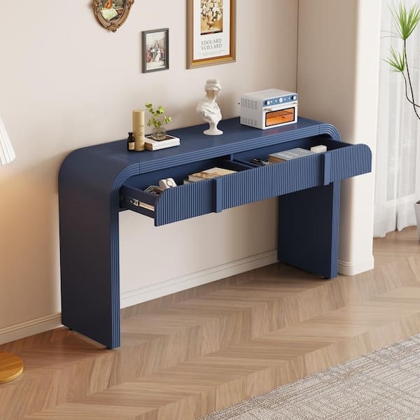 Console Table Modern Rounded Silhouette Fluted Drawer Fronts Navy