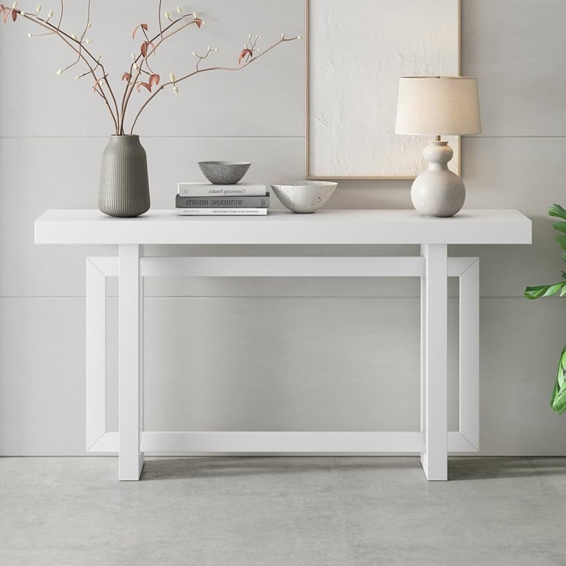 Console Table Monochromatic White Geometric Frame Base Thick Top