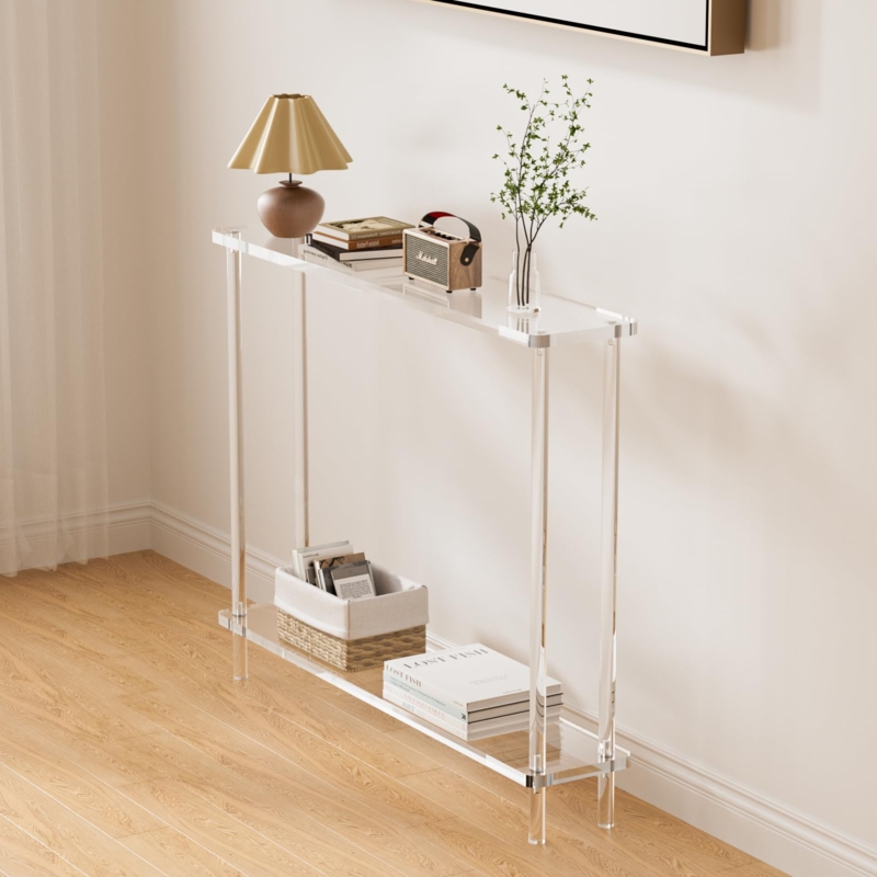 Console Table, Narrow Acrylic Two-Tier with Metal Hardware.