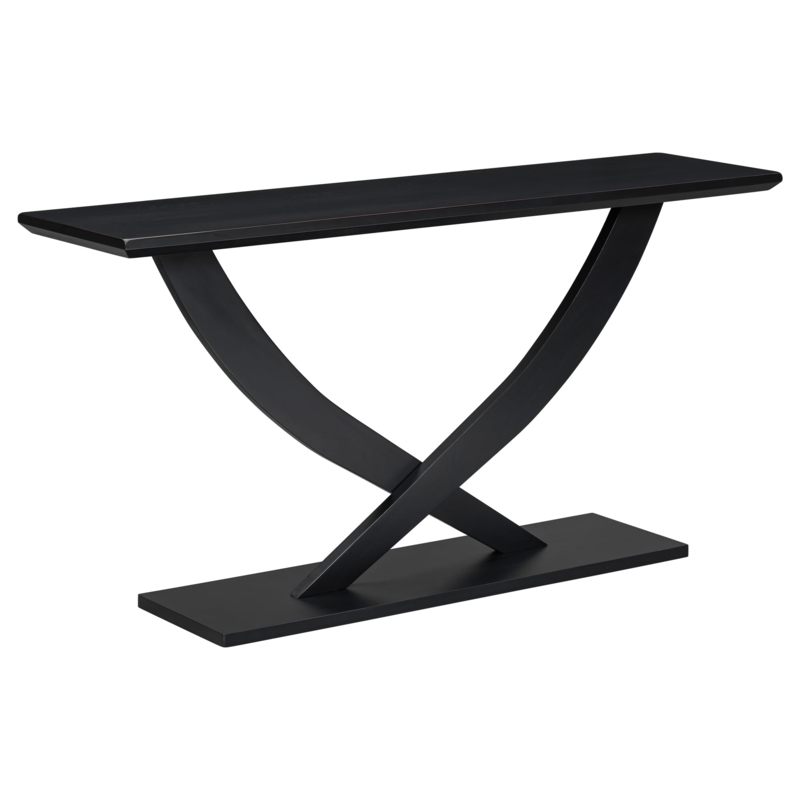 Console Table Narrow Black Wood Beveled Edges Curved Cross Legs Sofa