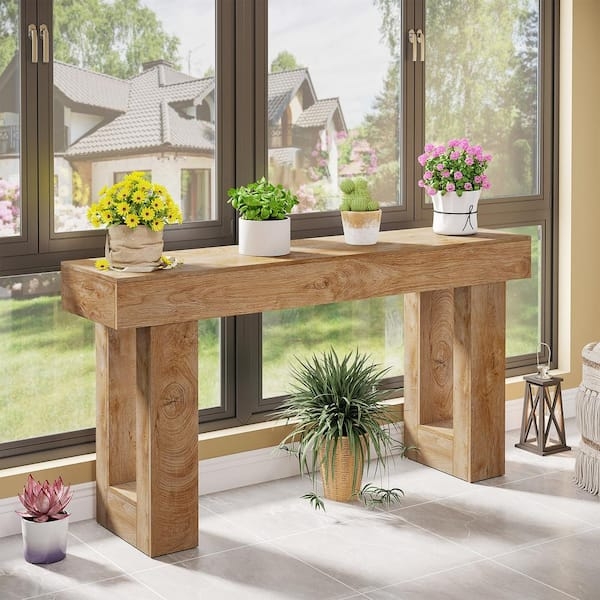 Console Table Natural Brown Thick Block Frame Minimalist