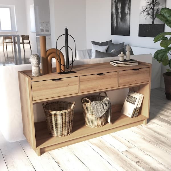 Console Table Natural Oak Finish Three Drawers Slim Black Handles