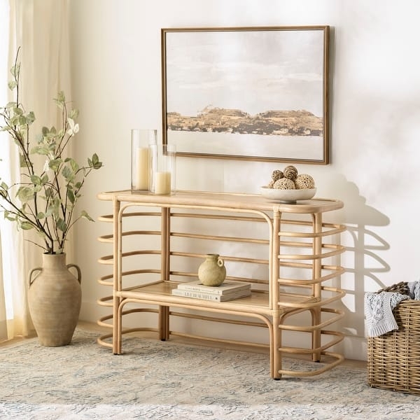 Console Table Natural Rattan Curved Wrap-Around Sides Coastal Styling