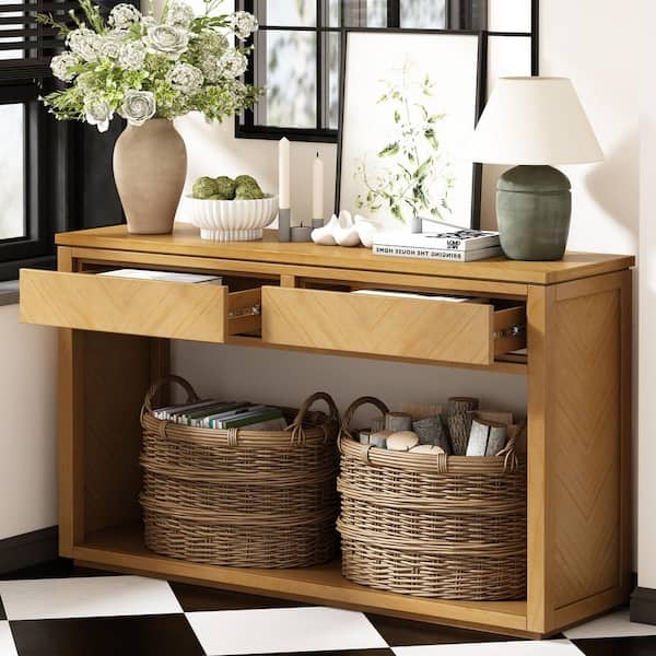 Console Table Natural Wood Chevron Pattern Drawers Open Shelf