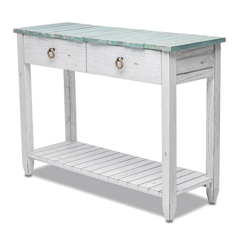 Console Table Nautical Rope Ring Pulls Teal Slatted Top White
