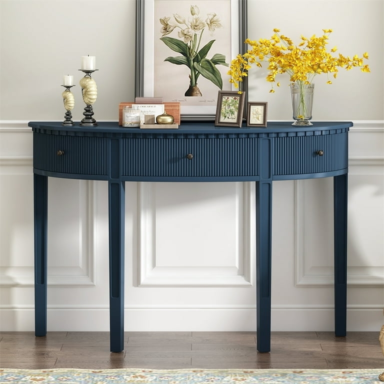 Console Table Navy Blue Crescent Shape Ribbed Drawers Entryway