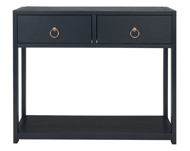 Console Table Navy Blue Finish Two Drawers Brass Ring Pulls