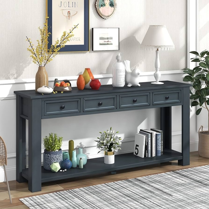 Console Table Navy Blue Finish with Four Storage Drawers
