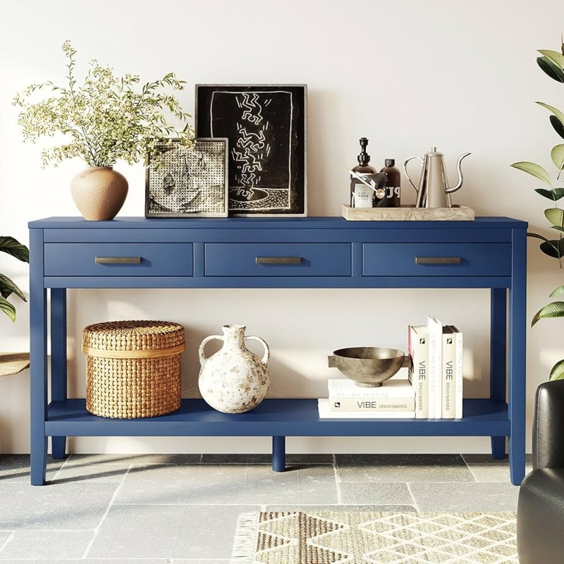 Console Table Navy Blue Matte Finish Three Drawers Lower Shelf