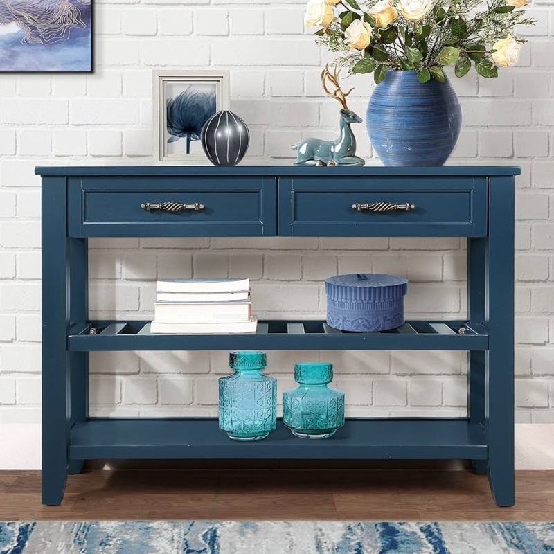Console Table Navy Blue Slatted Tier Two Drawers Satin Finish