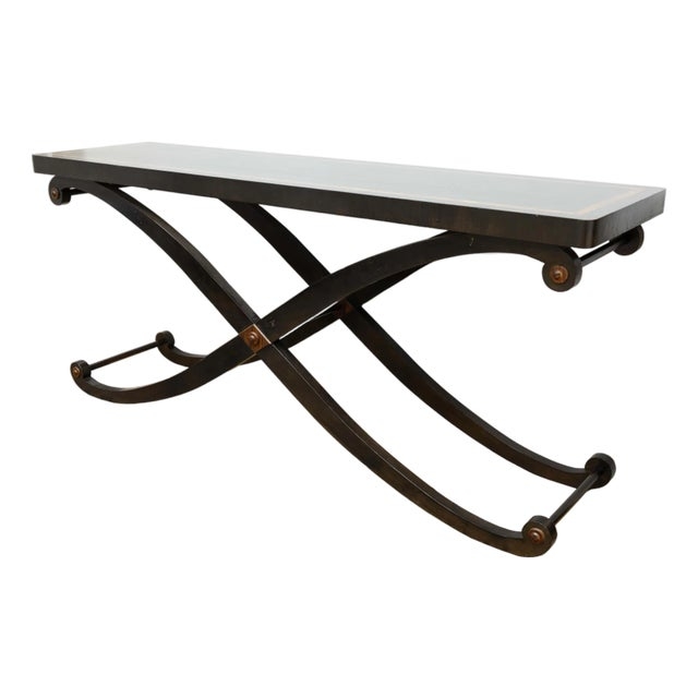 Console Table Neoclassical Long Curved Legs Metallic Accents Dark Wood