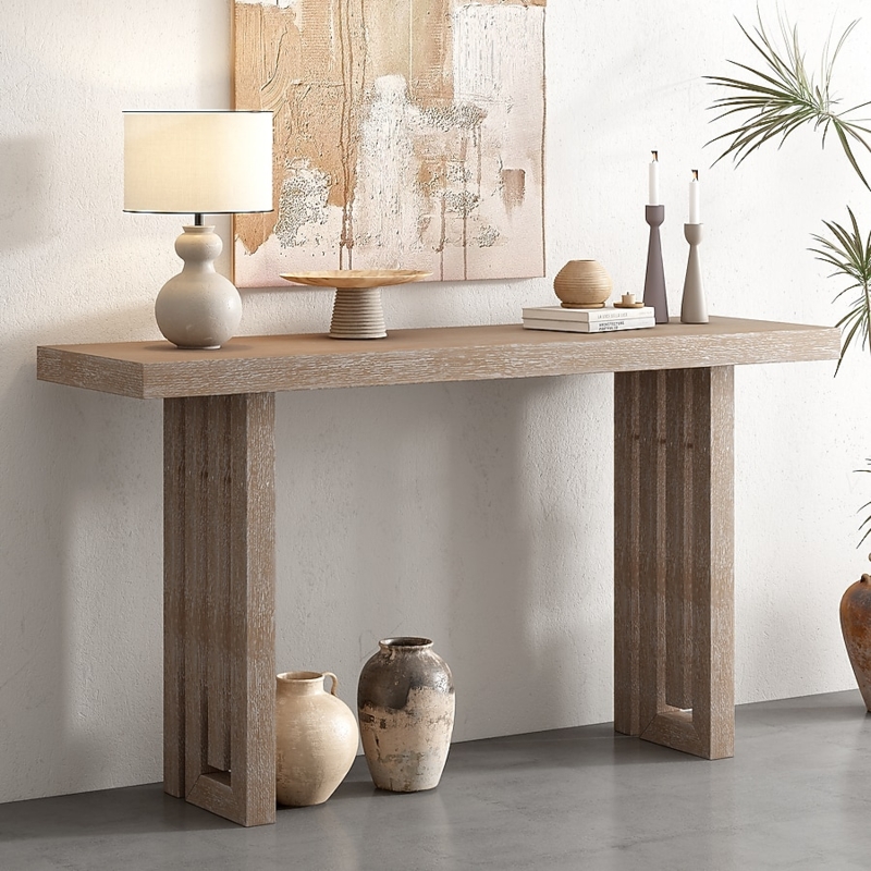 Console Table Oak Veneer with Geometric Cutout Legs