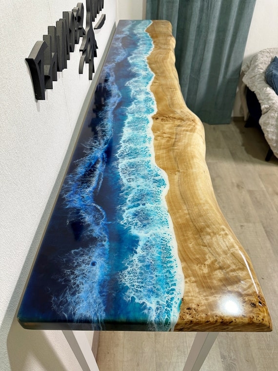 Console Table Ocean Wave Resin Live Edge Wood Glossy Finish