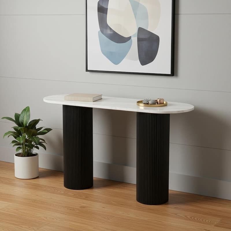 Console Table Oval Marble Top Black Ribbed Pedestal Base Modern