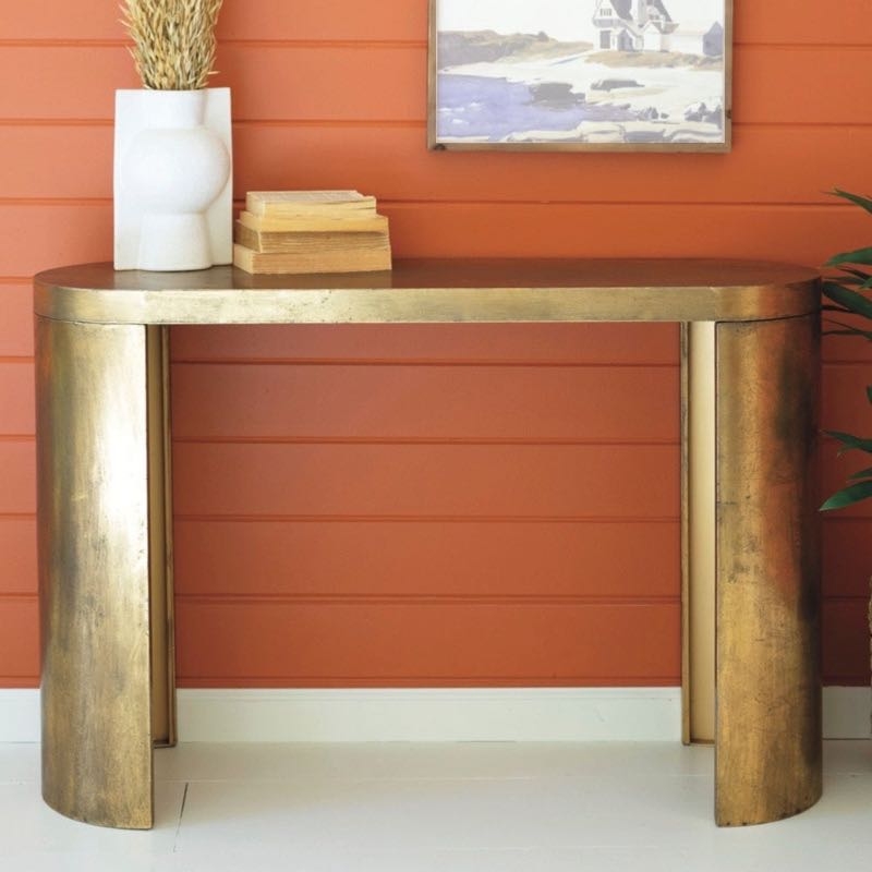 Console Table, Oval Pill-Shape with Antique Brass Pedestal Base